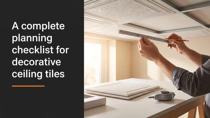 Measuring a ceiling with a tape measure beside decorative ceiling tiles and a chalk line