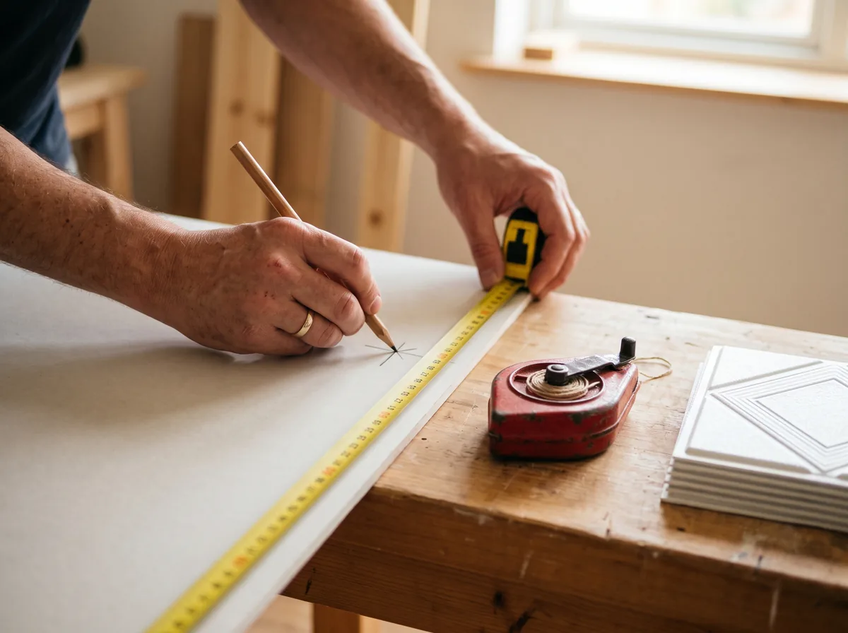 Hands measuring and marking a ceiling layout next to a stack of decorative ceiling tiles