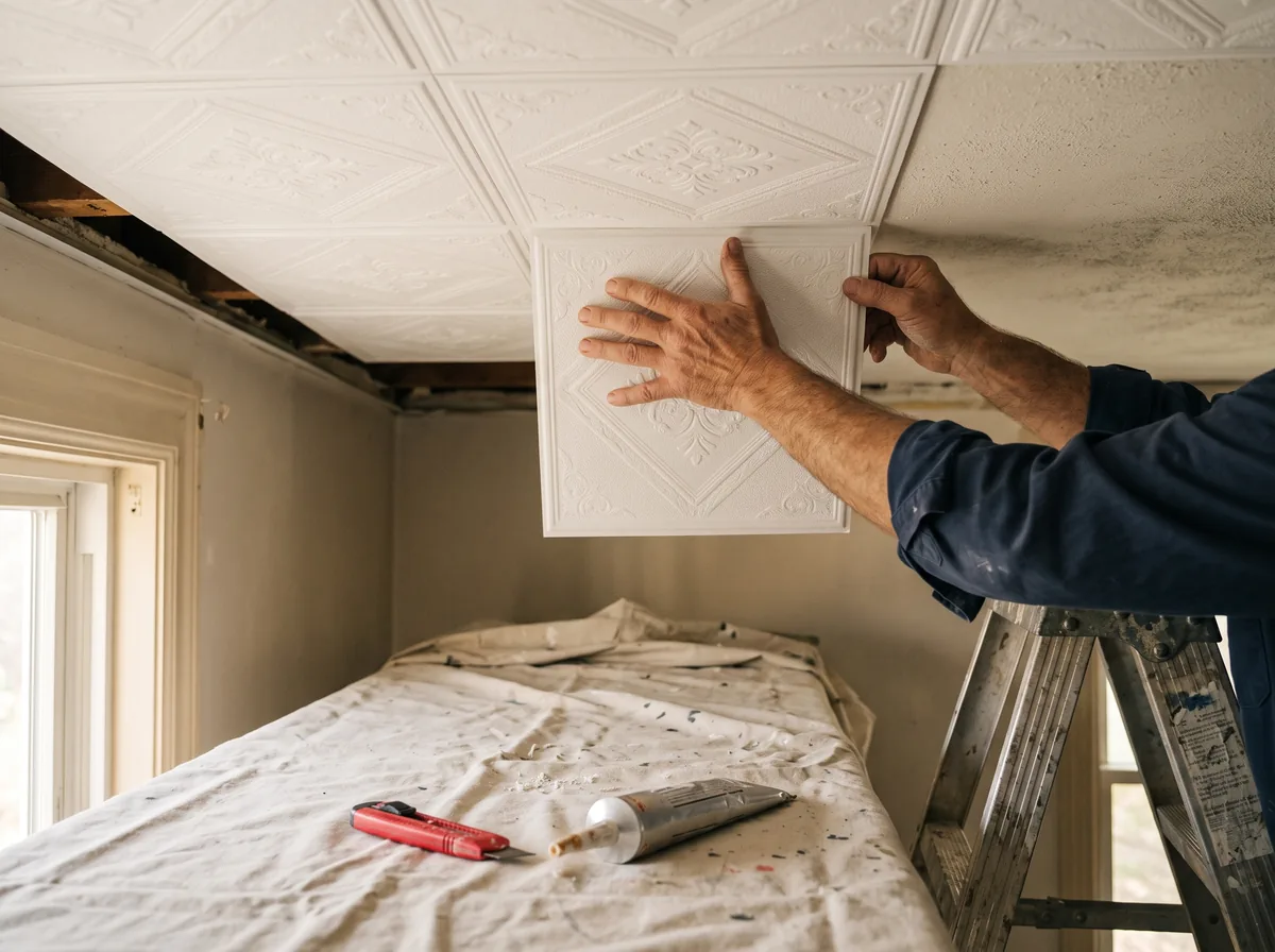 Pressing a lightweight decorative ceiling tile into place during a glue-up installation