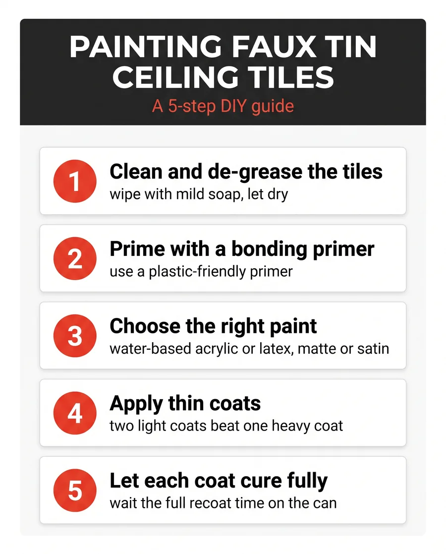 Five step guide to painting faux tin ceiling tiles: clean, prime, choose paint, thin coats, cure