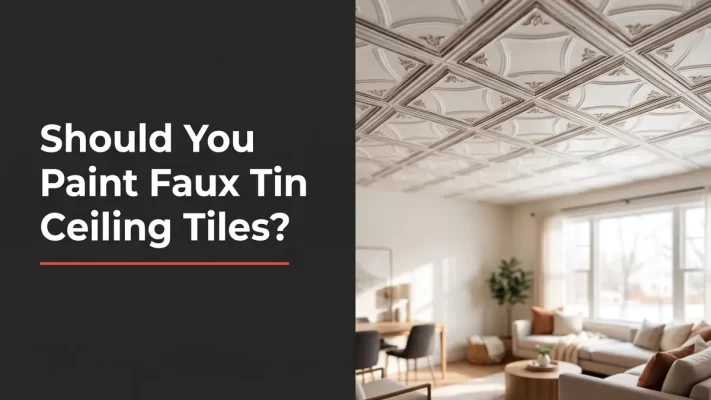 Painted faux tin ceiling tiles in a bright living room