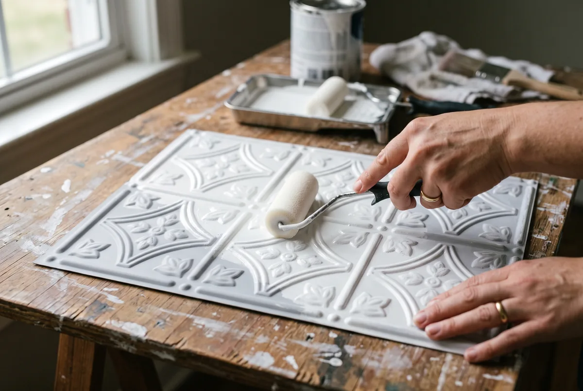 Rolling matte white paint onto an embossed faux tin ceiling tile with a foam roller