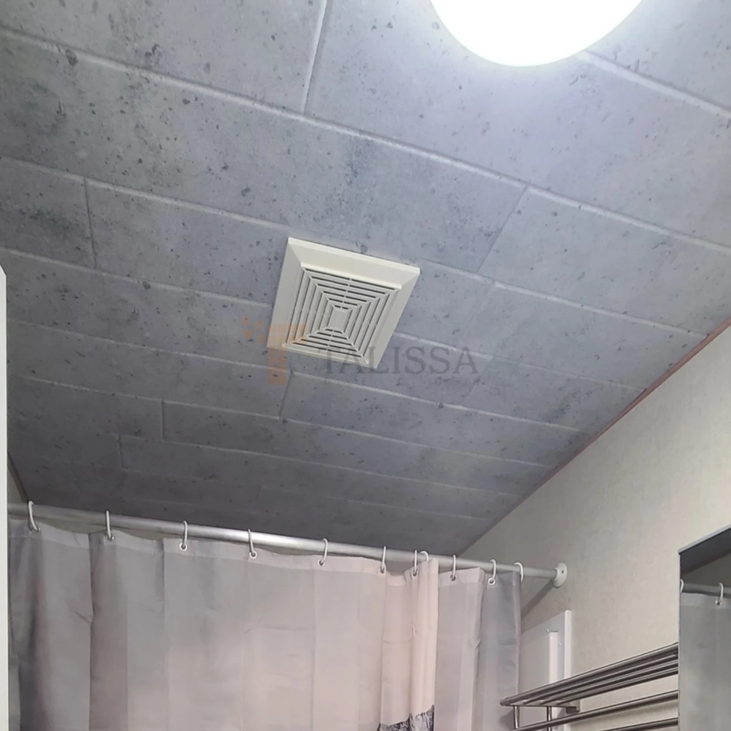 completed bathroom ceiling renovation concrete look planks