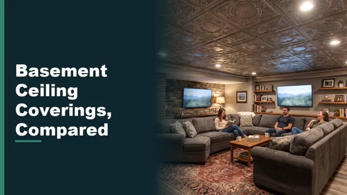 Finished basement rec room with a low ceiling covered in decorative faux tin tiles under warm recessed lighting