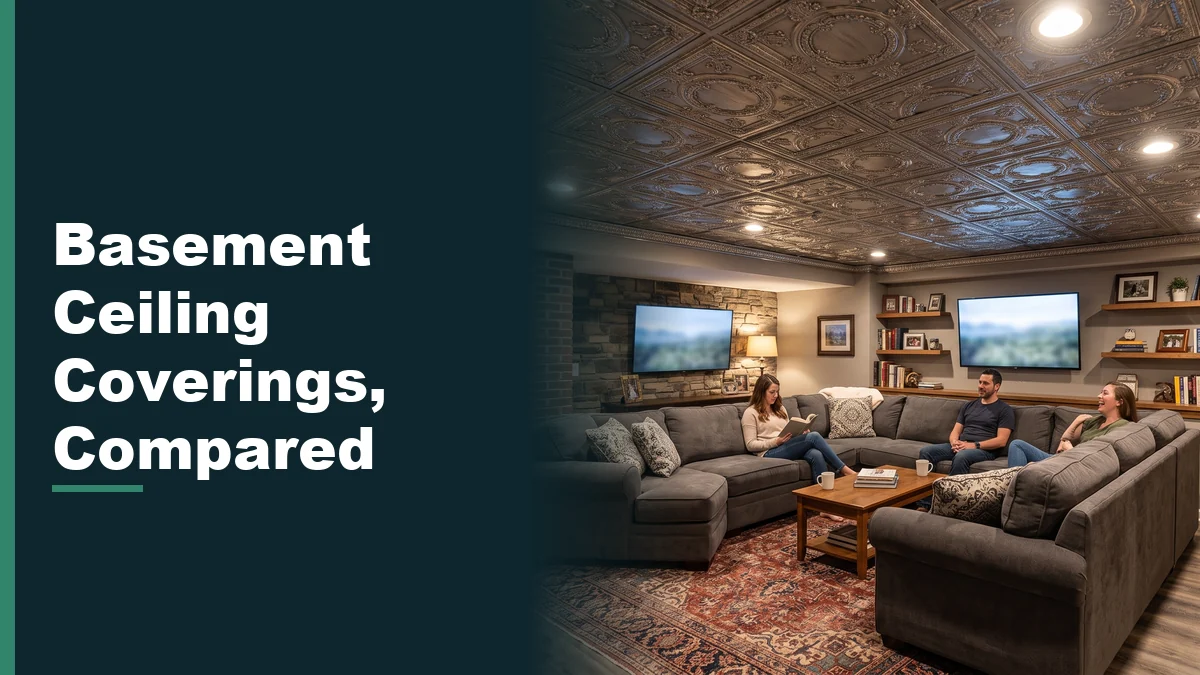 Finished basement rec room with a low ceiling covered in decorative faux tin tiles under warm recessed lighting