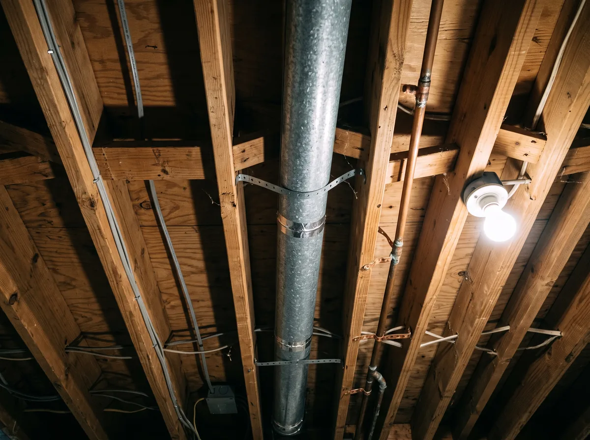 Unfinished basement ceiling showing ductwork, pipes and exposed joists before any covering is installed