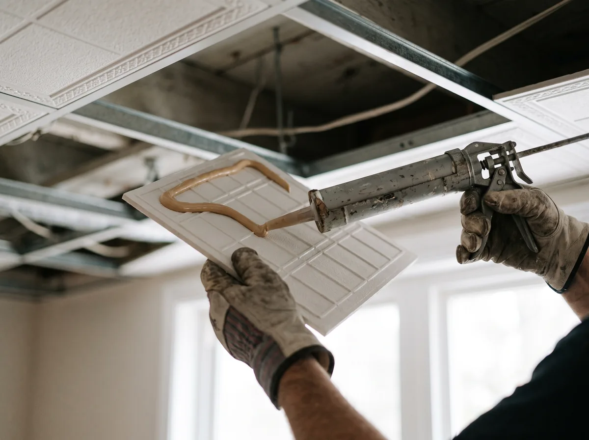 Close view of hands applying adhesive to the back of a decorative ceiling tile before pressing it into place