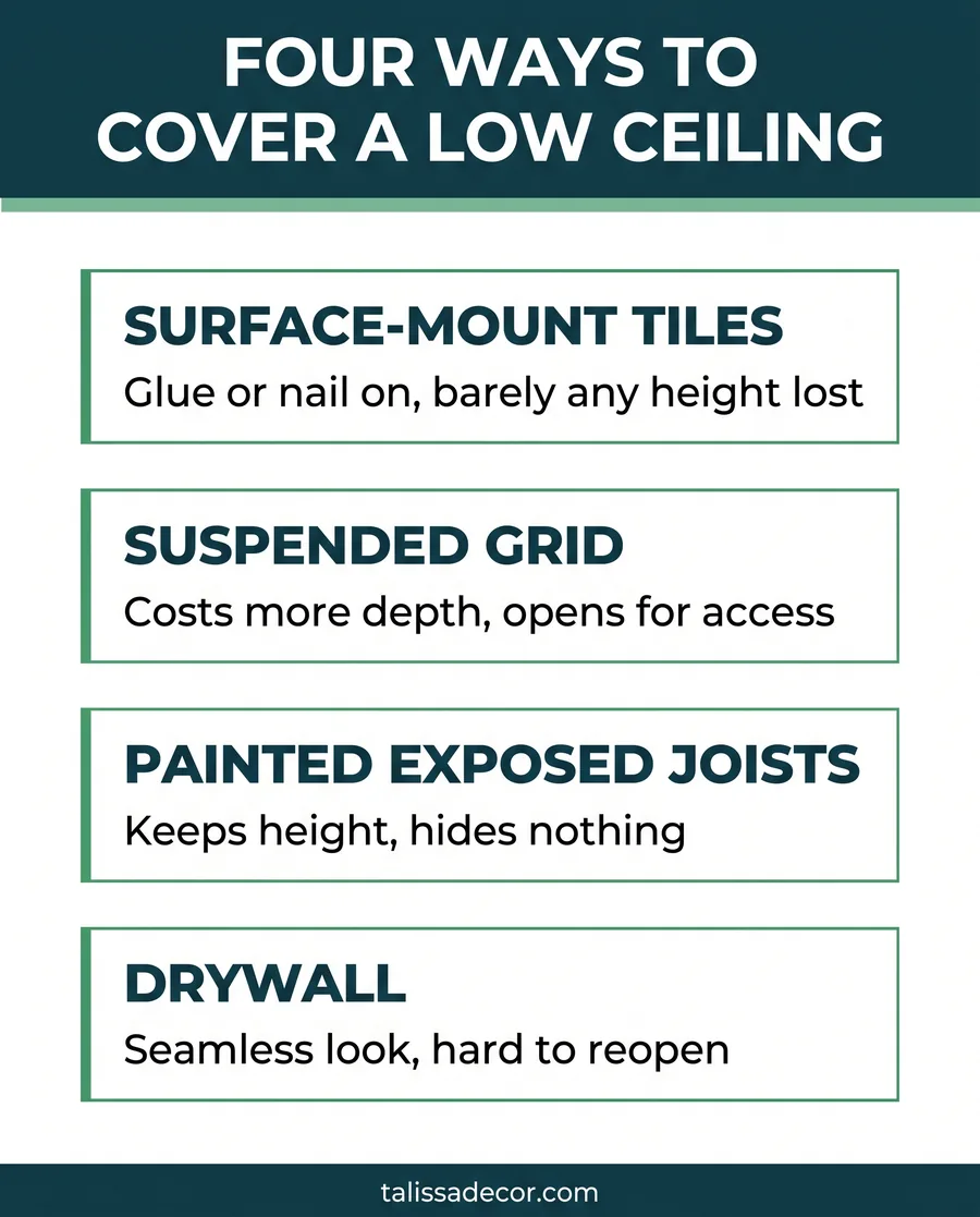Card comparison of four basement ceiling covering options by headroom cost and access to what sits above them