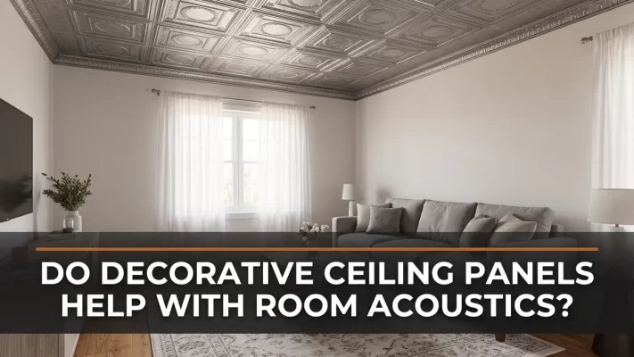 Calm living room with a decorative tin-look ceiling, rug, and sofa illustrating room acoustics