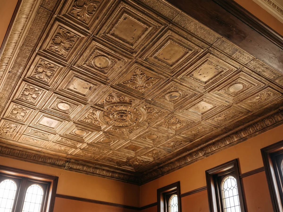 Upward view of a textured tin-look decorative ceiling tile showing raised relief