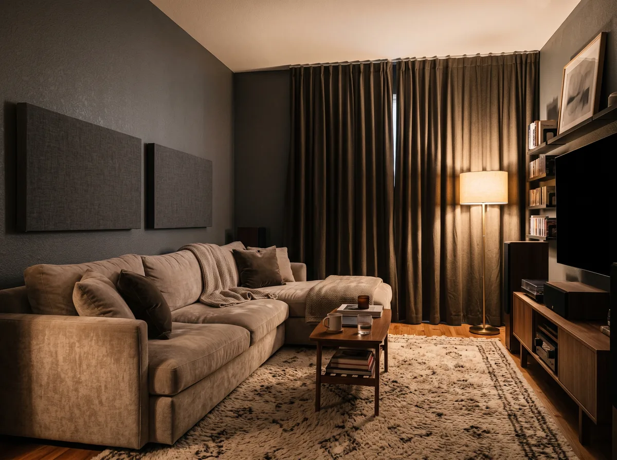 Furnished media room with a rug, curtains, and fabric panels that absorb sound