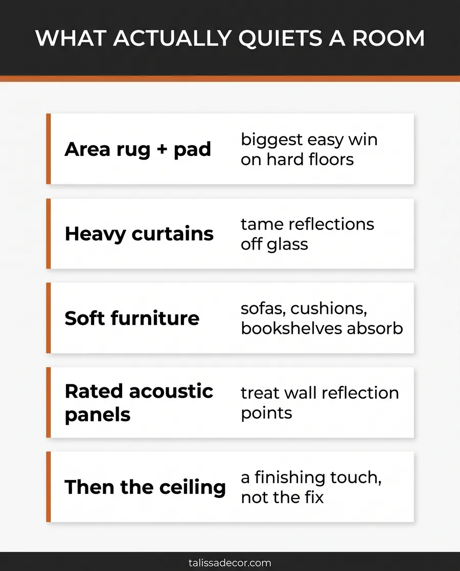 Guide showing five steps that actually quiet a room, with the ceiling as a finishing touch