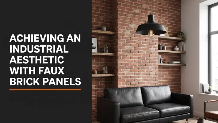 Industrial living room with a faux brick feature wall, leather sofa, and black pendant light