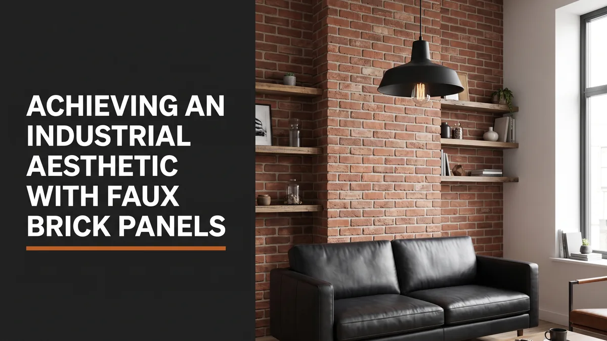 Industrial living room with a faux brick feature wall, leather sofa, and black pendant light