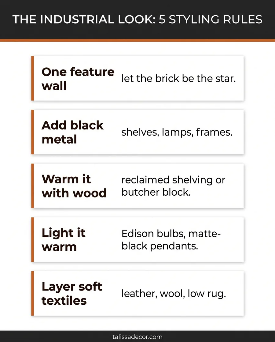 Style guide showing five rules for decorating a room in industrial aesthetic with brick panels