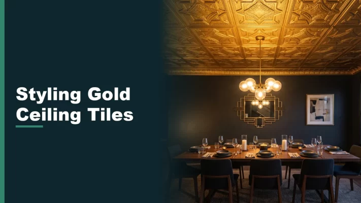 Modern dining room with a gold faux tin ceiling tile pattern above a dark wood table under brass pendant lighting