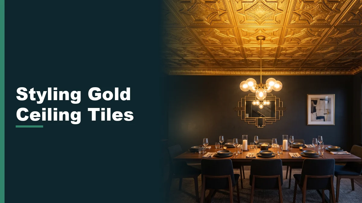 Modern dining room with a gold faux tin ceiling tile pattern above a dark wood table under brass pendant lighting