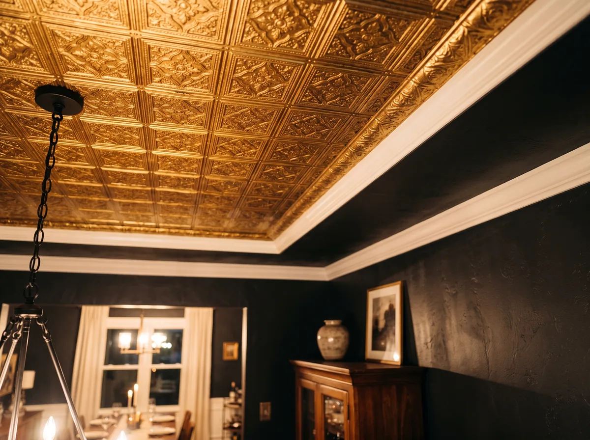 Gold ceiling tile styled for modern decor above a dark wood dining table under pendant lighting