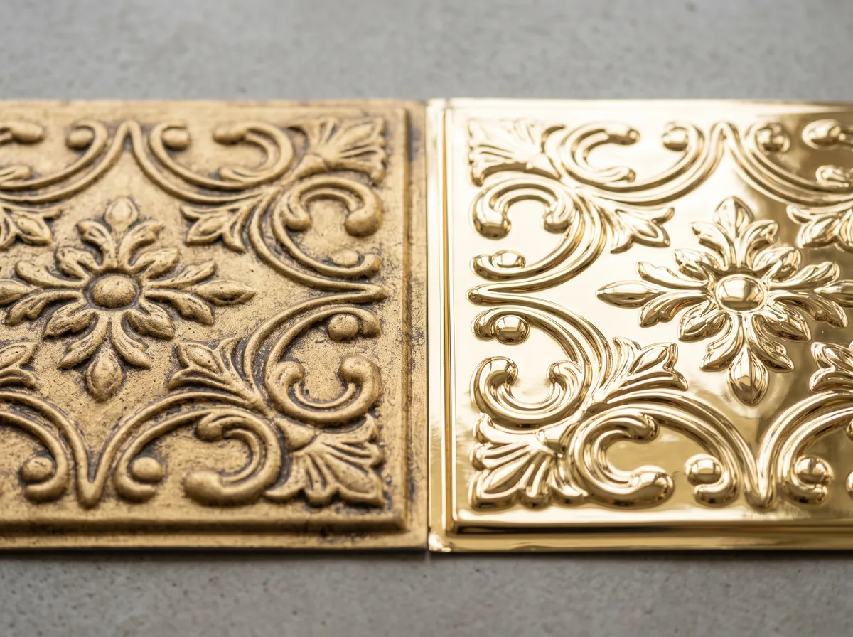 Close texture comparison of a matte antique gold ceiling tile beside a polished bright gold tile sample