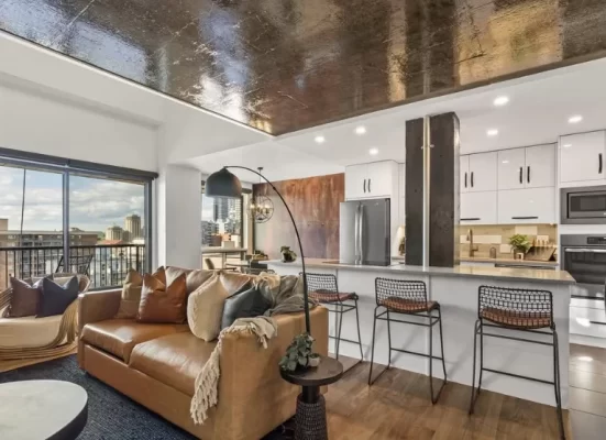 condo design with riveted metal mural at the back view