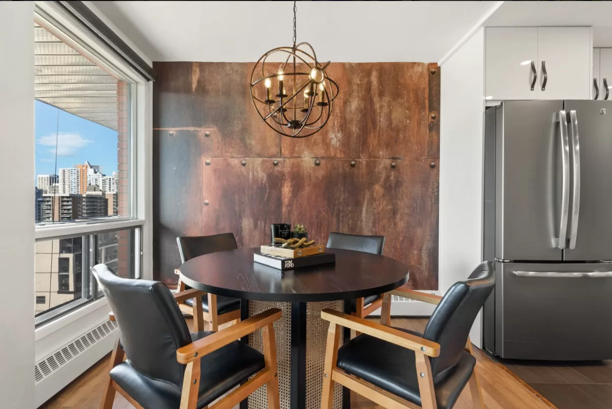 condo design with riveted metal mural