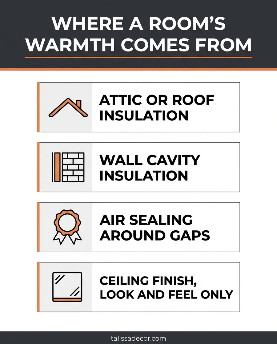 Where a room's warmth actually comes from, attic, walls, air sealing, and ceiling finish