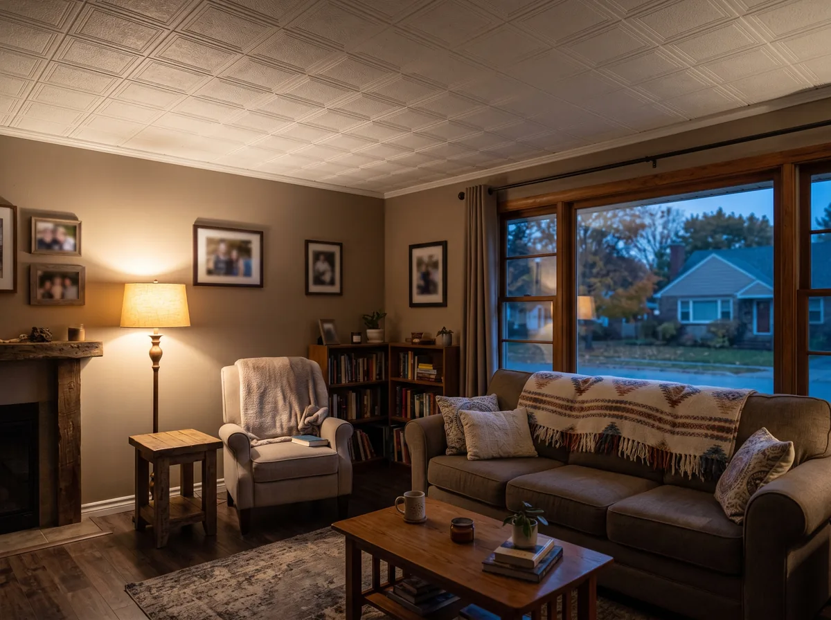 A living room with new styrofoam ceiling tiles installed to check if they insulate