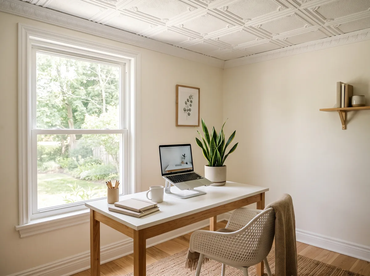 A bright home office with a styrofoam tile ceiling and large windows