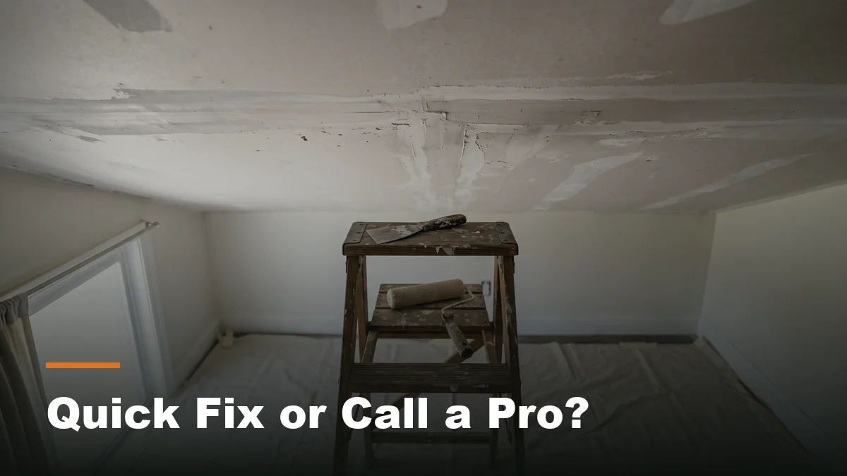 A ceiling with a freshly patched drywall seam being prepared before a panel installation