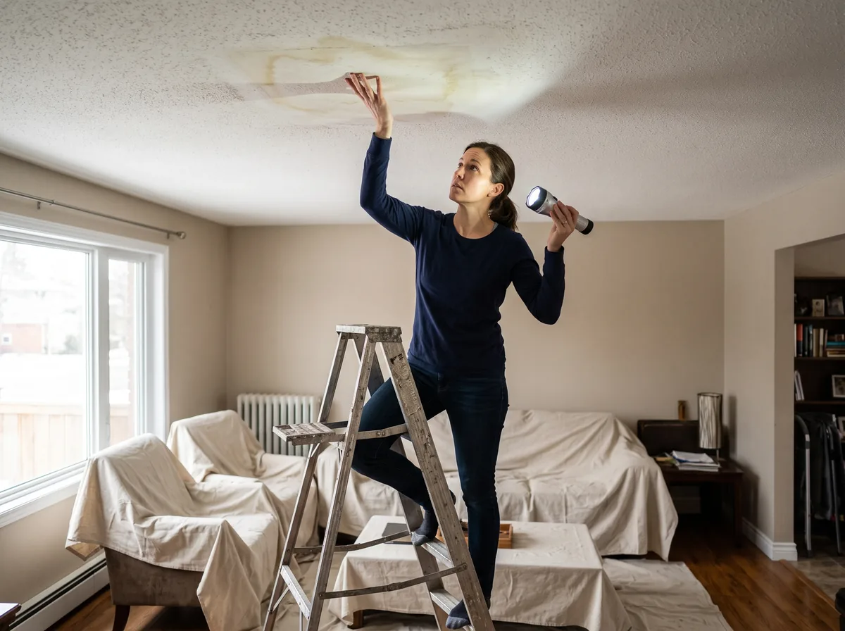 Checking damaged drywall for soft spots before installing foam ceiling panels