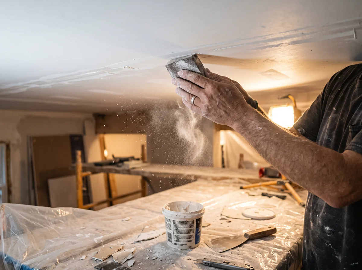 Sanding and patching a ceiling seam before a glue-up tile installation