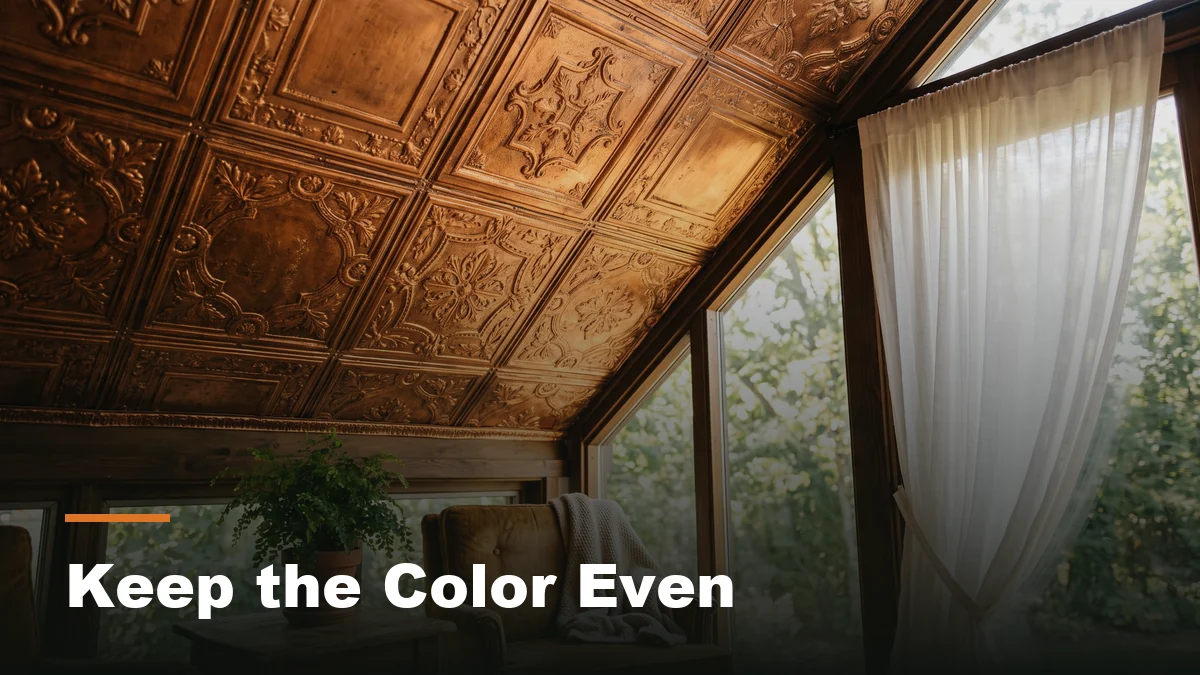 Warm copper-toned decorative ceiling tiles in a sunlit sunroom