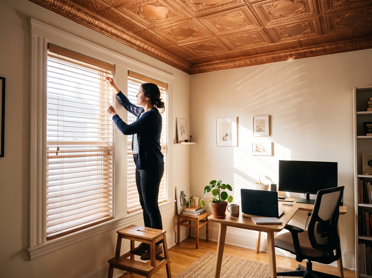 Closing blinds to reduce direct sun on a copper-toned ceiling tile room
