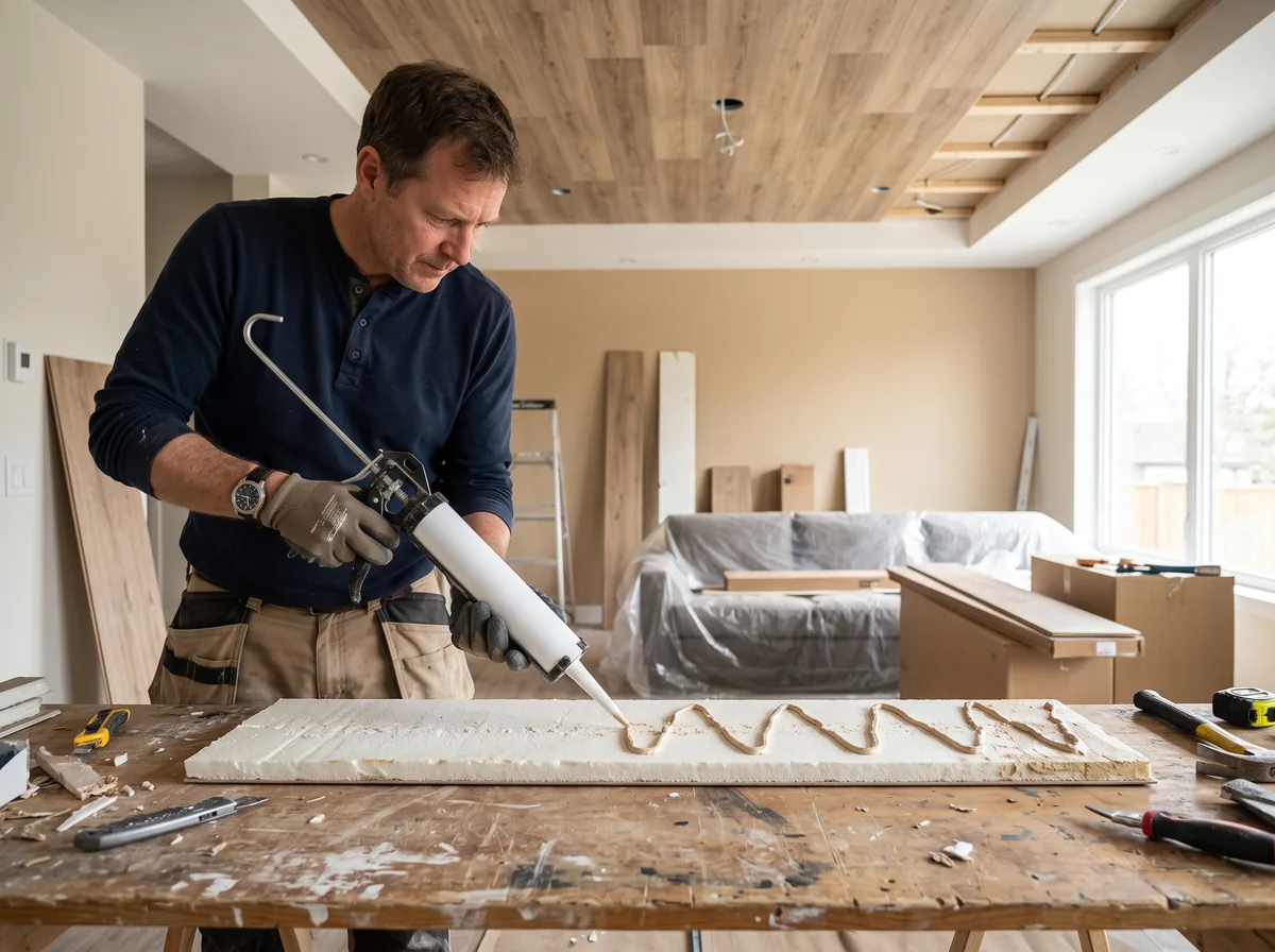 Applying adhesive to a wood-look foam ceiling plank before pressing it into place