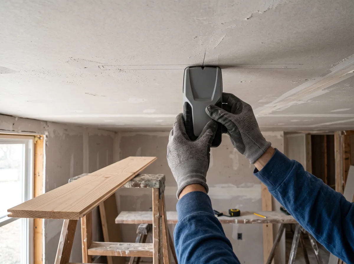 Marking a ceiling joist before fastening thin wood panels for ceilings