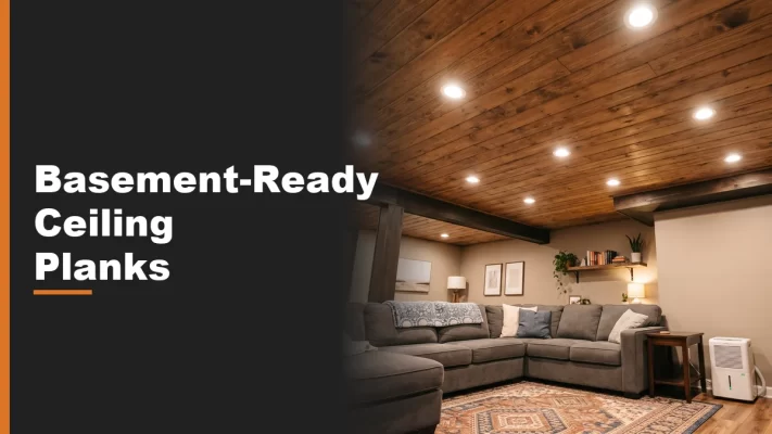 A finished basement family room with a wood-look ceiling plank installation overhead