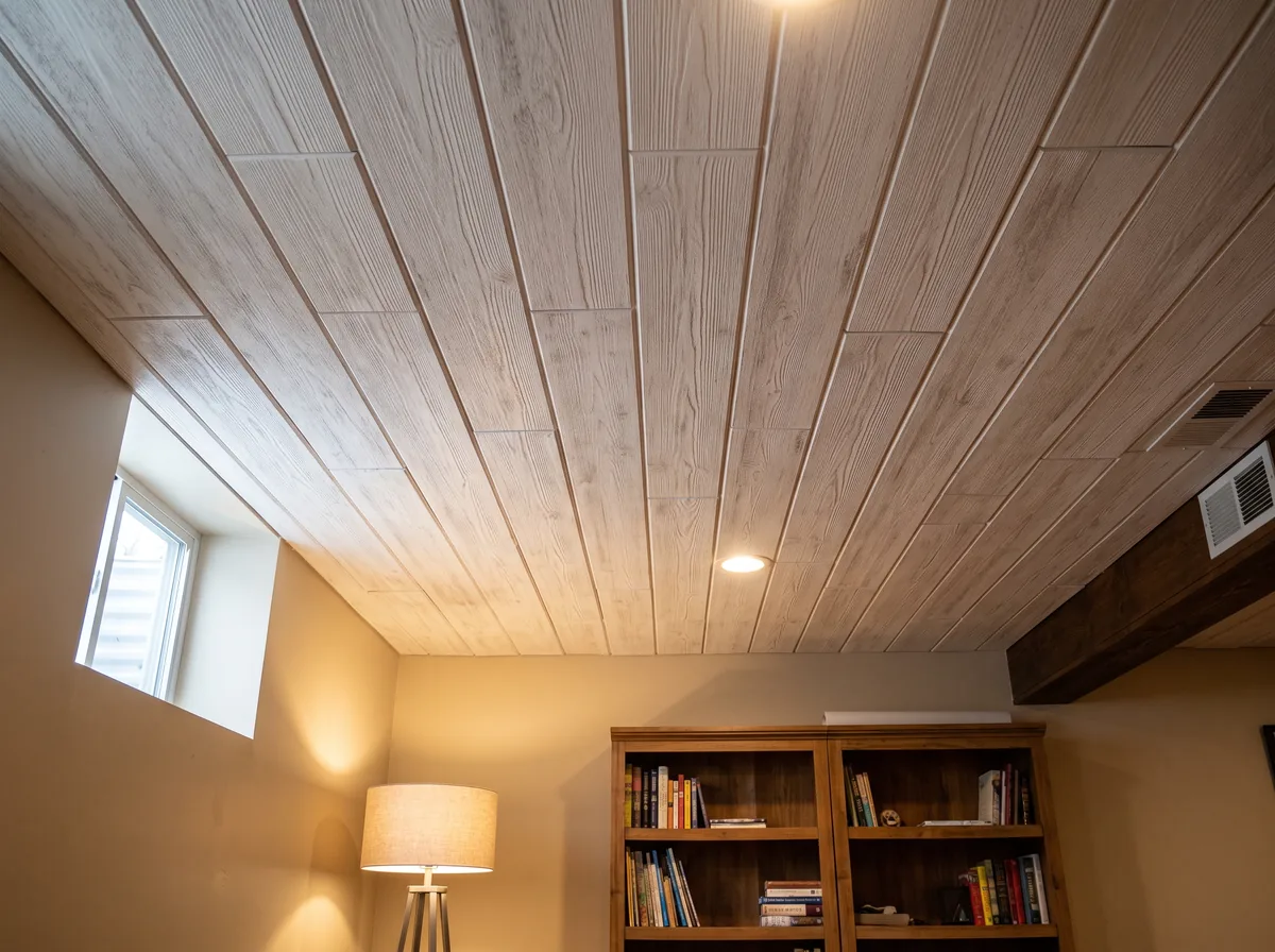 Foam ceiling planks installed in a finished basement family room