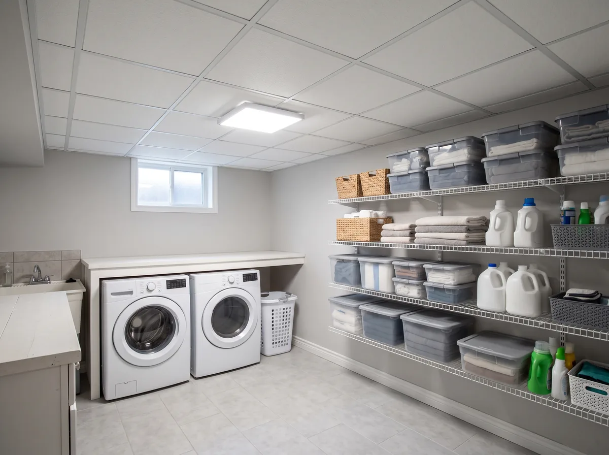 PVC ceiling tiles installed above a basement laundry area
