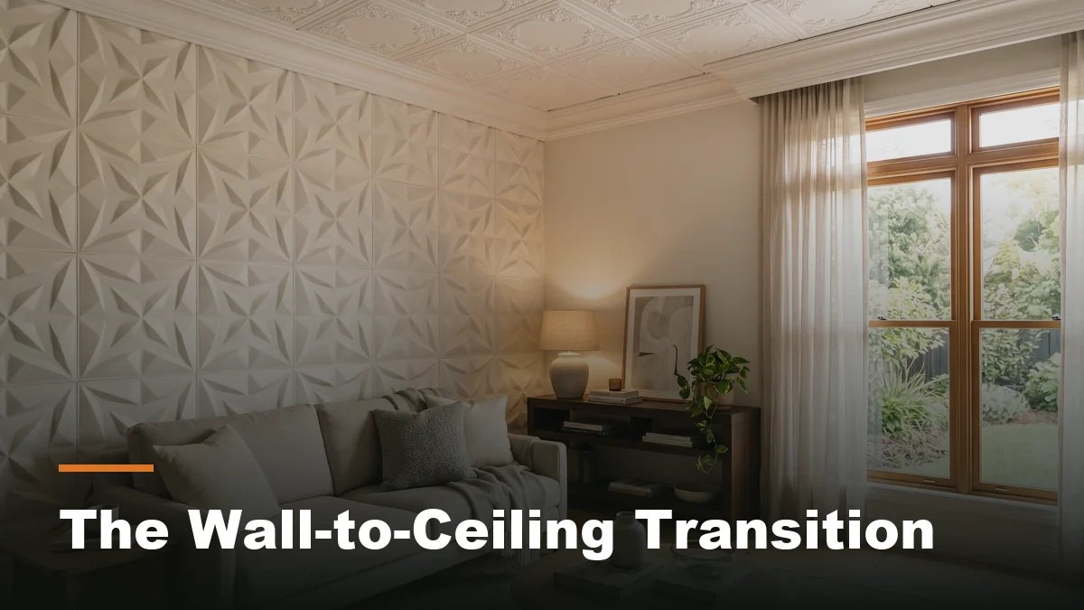 A living room accent wall of 3D panels meeting a decorative ceiling tile overhead