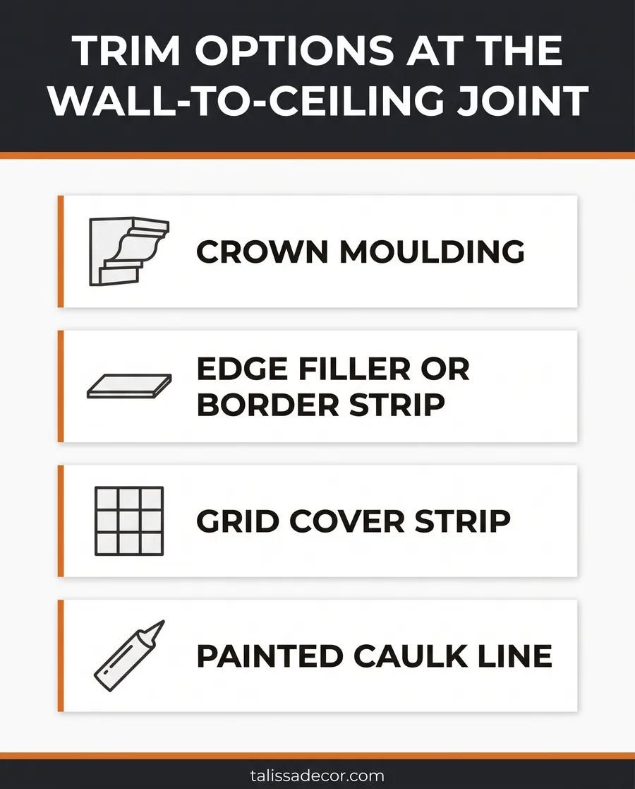Infographic comparing trim options for a wall panel to ceiling tile junction
