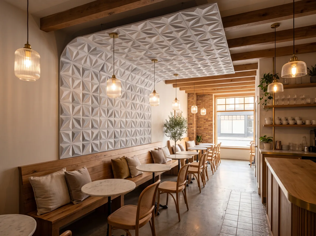 A finished room combining a 3D wall panel accent wall with a decorative tile ceiling