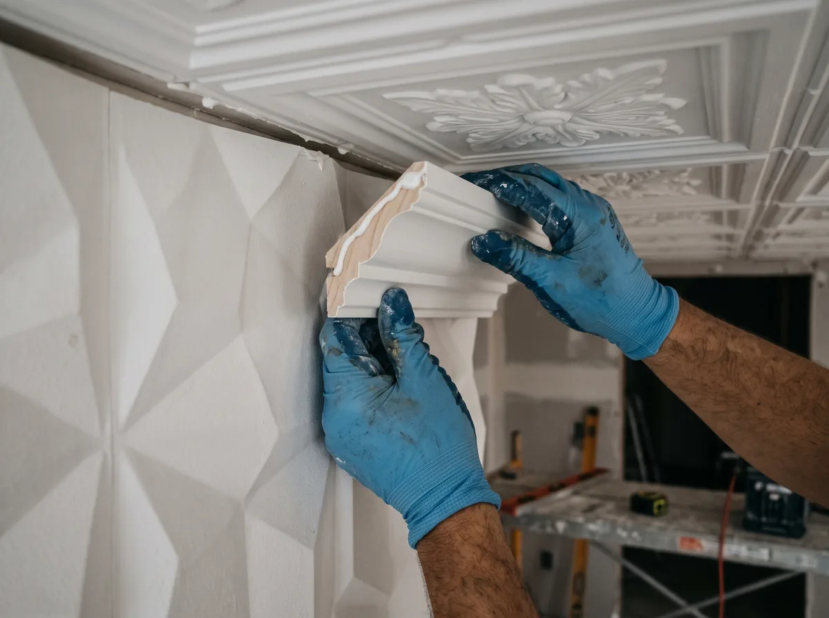 Crown moulding trim bridging a wall panel to ceiling tile transition