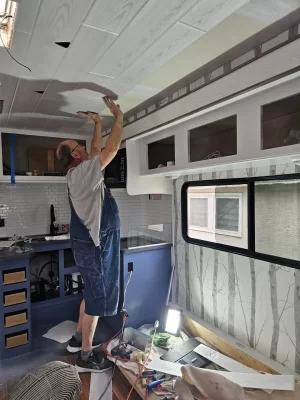 diy rv ceiling renovation whitewash wood planks