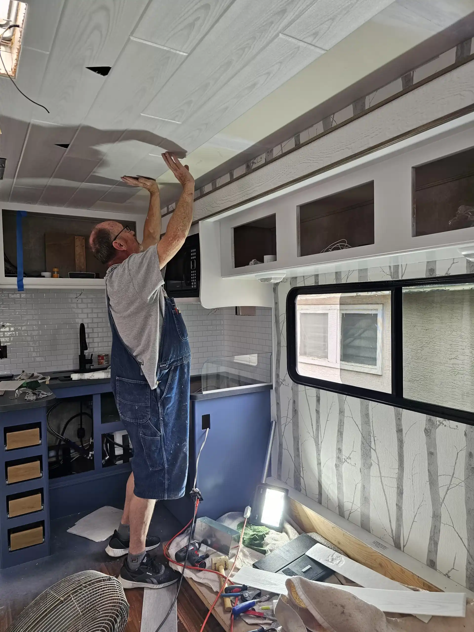 diy rv ceiling renovation whitewash wood planks