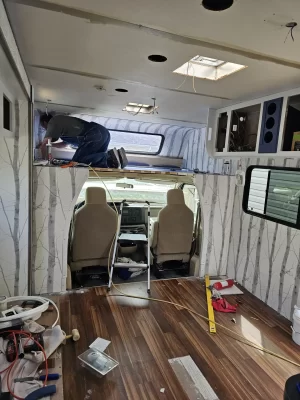 installing whitewash wood ceiling planks rv cab