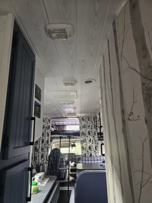 modern rv interior whitewash wood plank ceiling