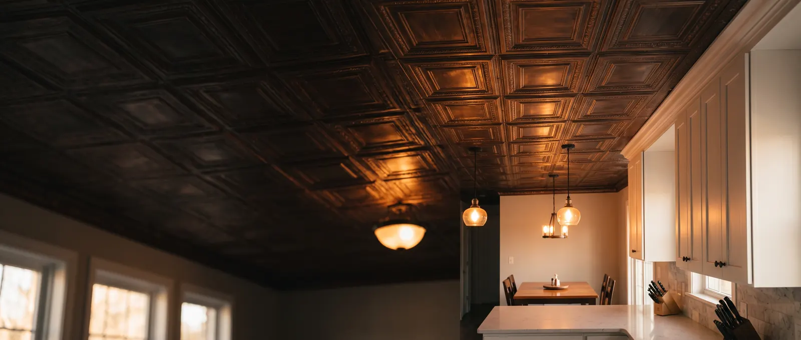 Kitchen with an antique copper faux tin ceiling