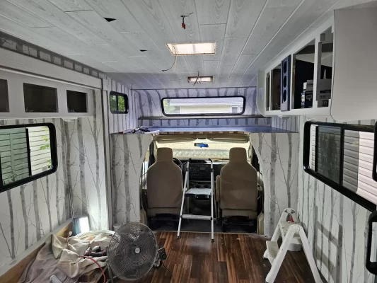 whitewash wood ceiling planks rv installation progress